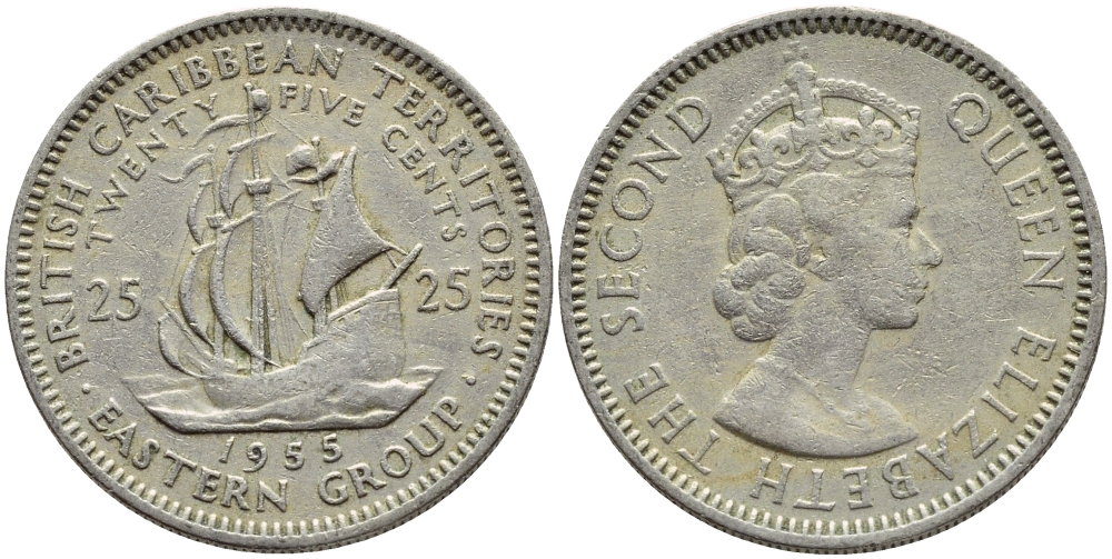 Британские Восточно-Карибские территории 25 центов 1955 Елизавета II (1952-2022), парусник KM 6 медно-никель 76-713