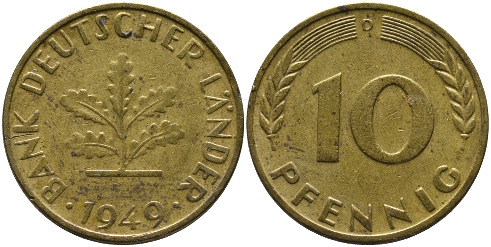 ФРГ 10 ПФЕННИГОВ 1949 D KM 103, J. 378 сталь плакированная латунью 98-526