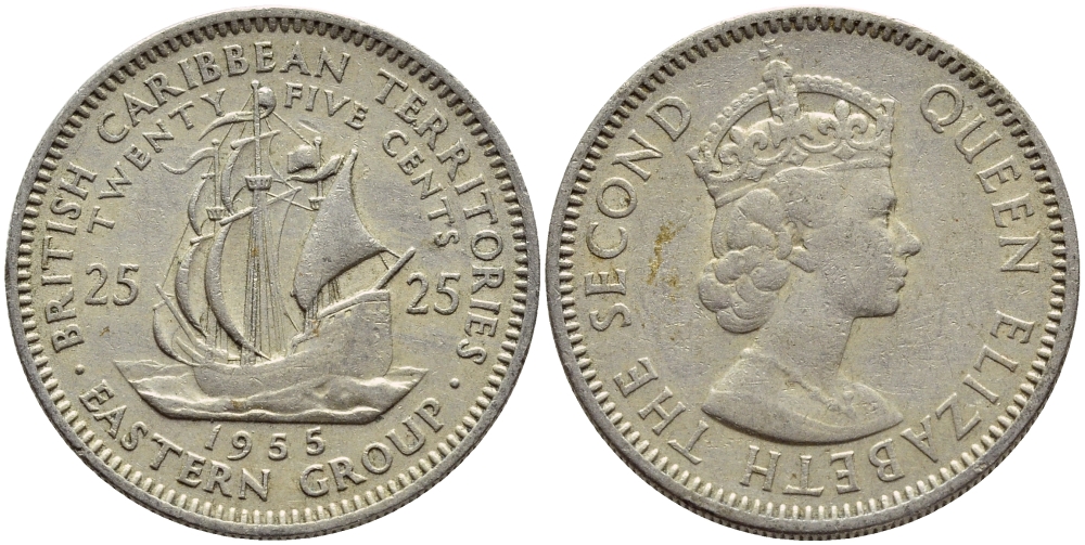 Британские Восточно-Карибские территории 25 центов 1955 Елизавета II (1952-2022), парусник KM 6 медно-никель 76-654