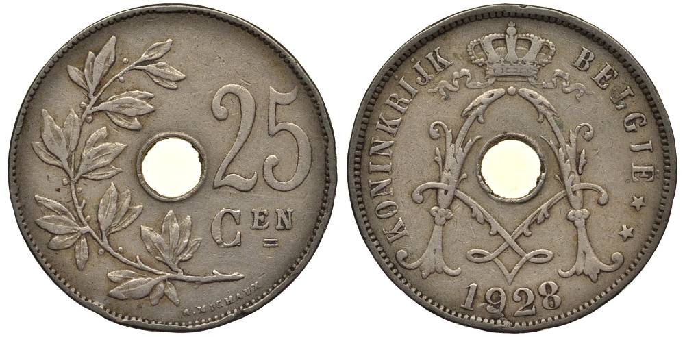 БЕЛЬГИЯ 25 САНТИМОВ 1928 BELGIE, АЛЬБЕРТ I (1909-1934) KM 69 медно-никель 27-934