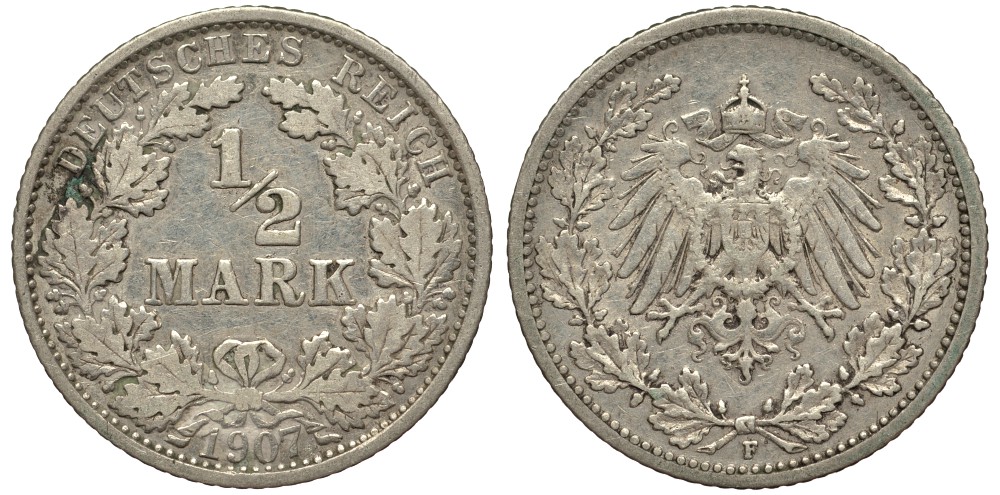 ГЕРМАНИЯ 1/2 МАРКИ 1907 F, Weege 16, J. 16, KM 17 серебро 413-4331