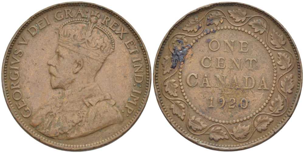 Канада 1 цент 1920 Георг V (1910-1936), большой формат KM 21 бронза 87-1117