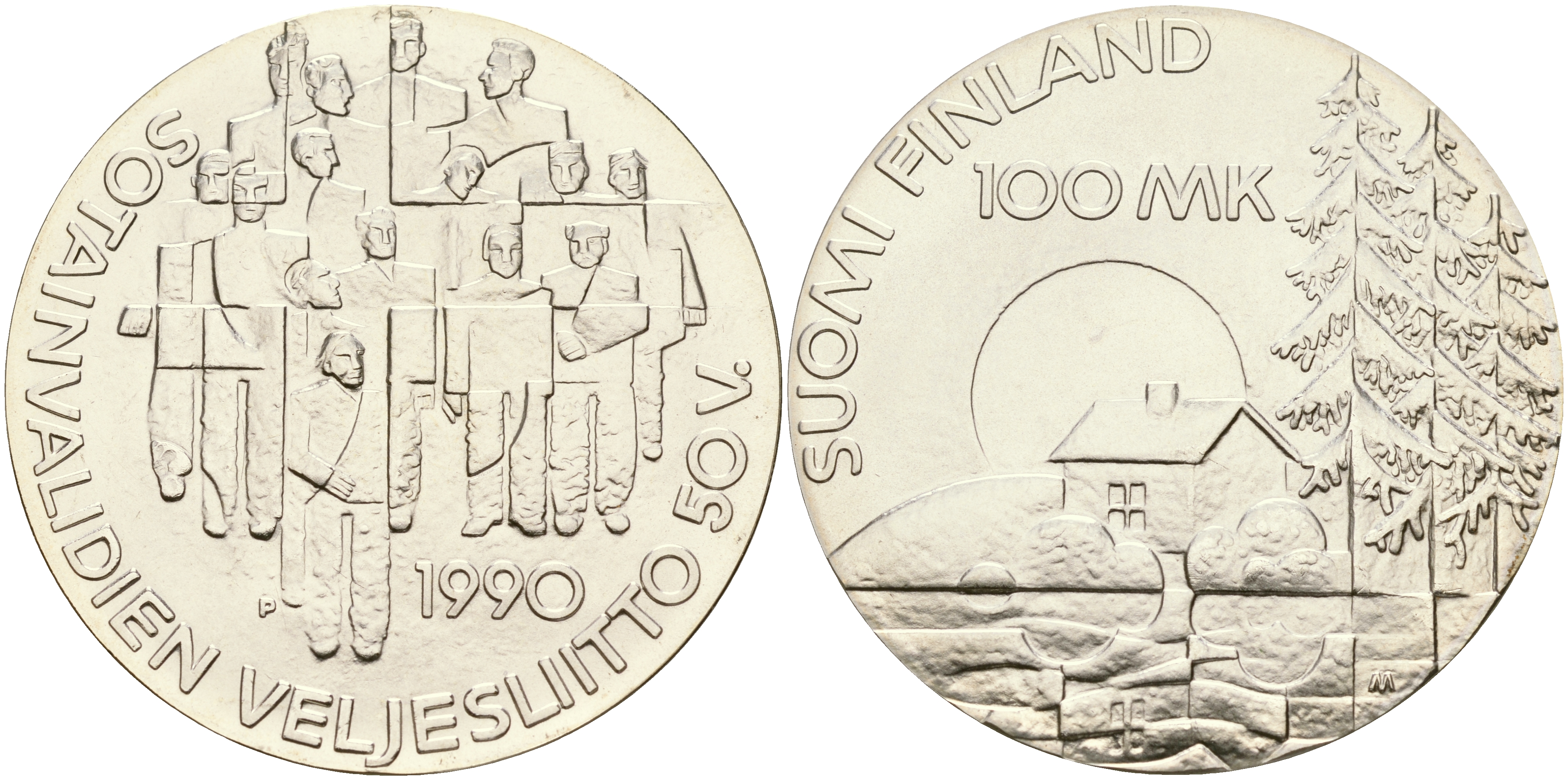 Финляндия 100 марок 1990 50 лет ассоциации ветеранов войны KM 67 серебро UNC 1066-4-32