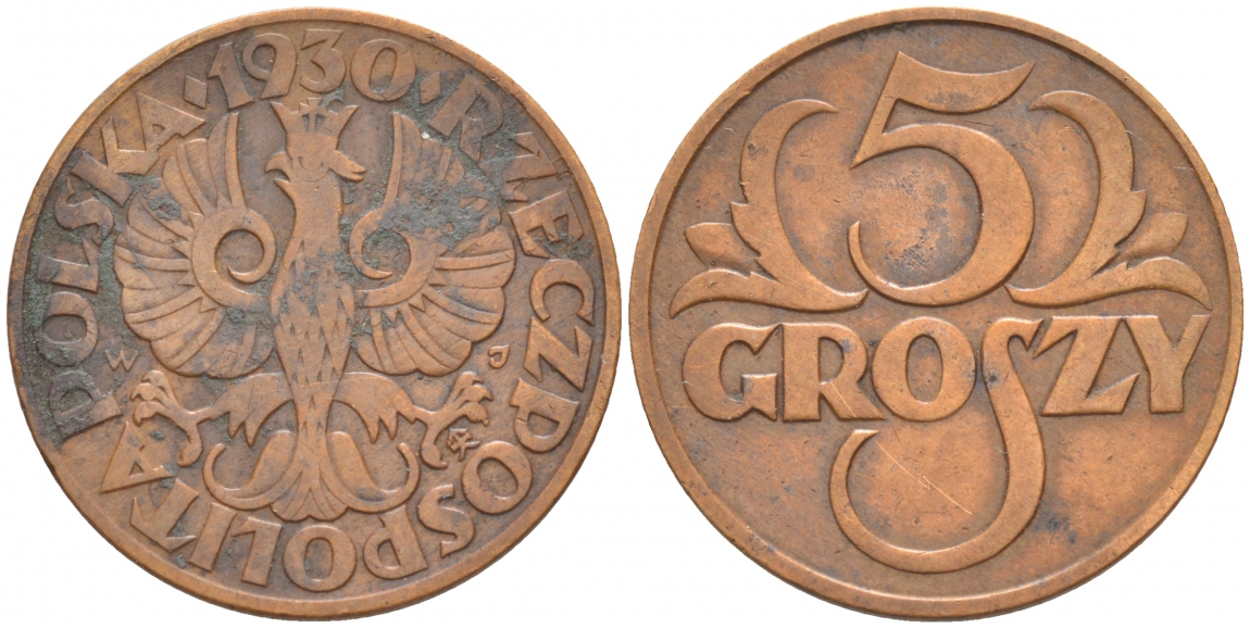 ПОЛЬША 5 ГРОШЕЙ 1930 w KM 10а бронза 100-762