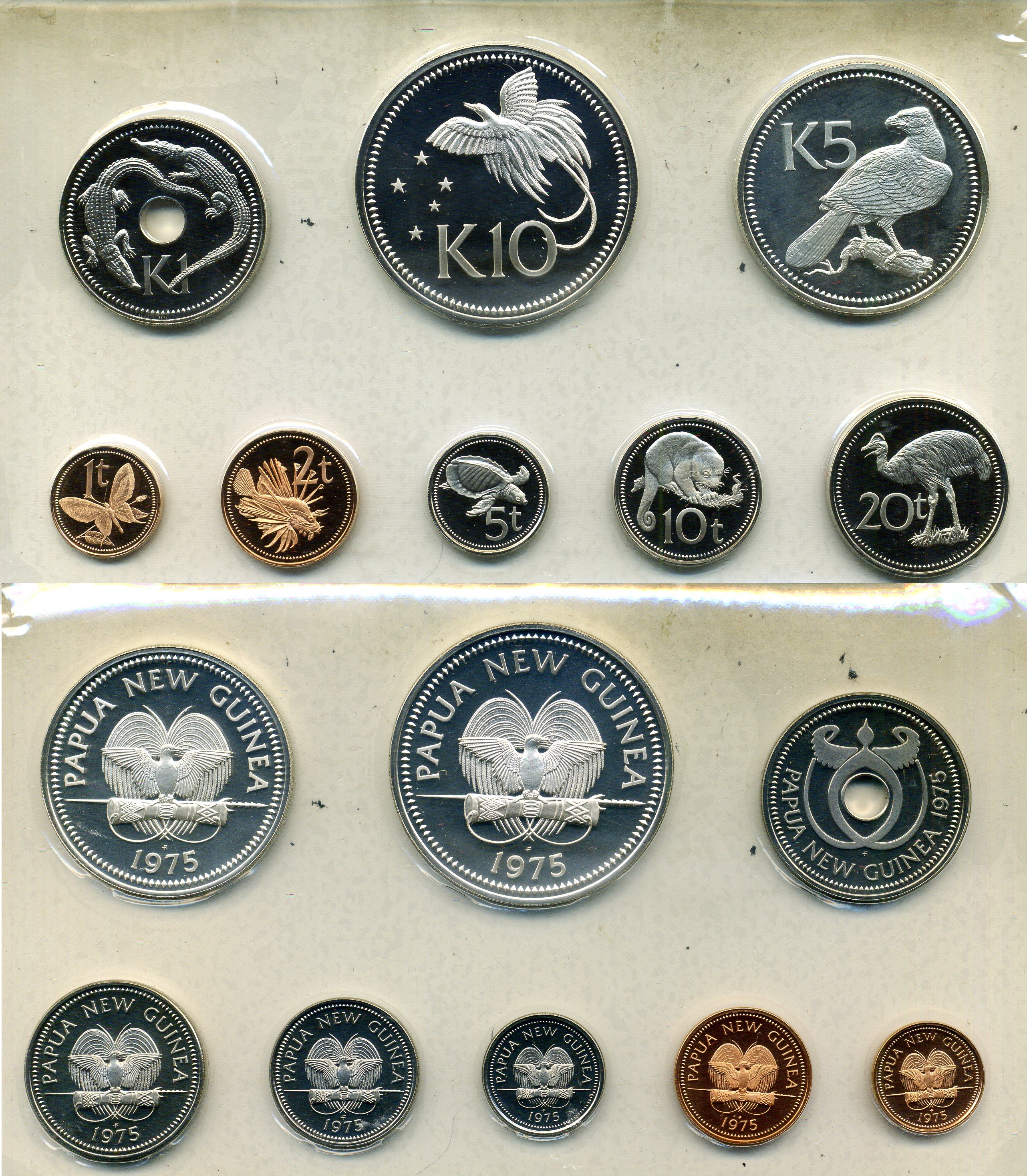 Папуа-Новая Гвинея набор из 8 монет (1, 2, 5, 10 и 20 тойя; 1, 5 и 10 кина) 1975 в оригинальной упаковке, с сертификатом подлинности KM 1, 2, 3, 4, 5, 6, 7a и 8a PROOF 4-3-1-15