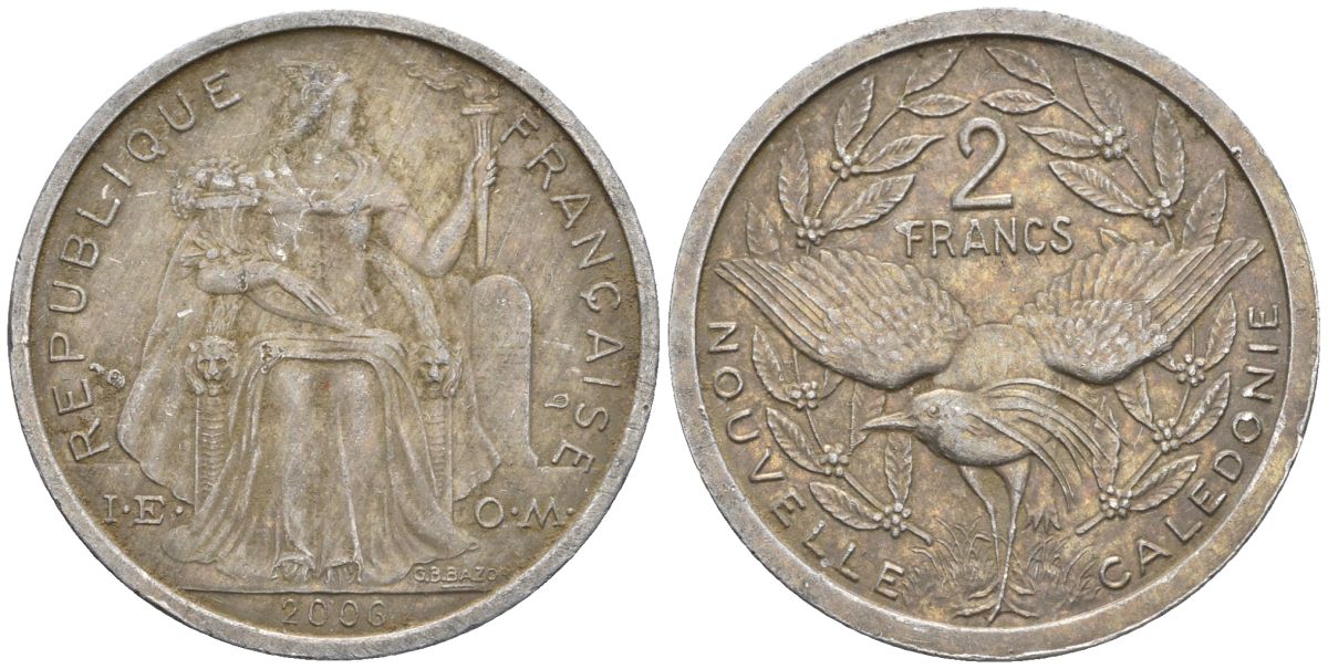 Французская Новая Каледония 2 франка 2006 птица кагу, (IEOM) KM 14, Schoen 11, Lec 68k алюминий    29-122