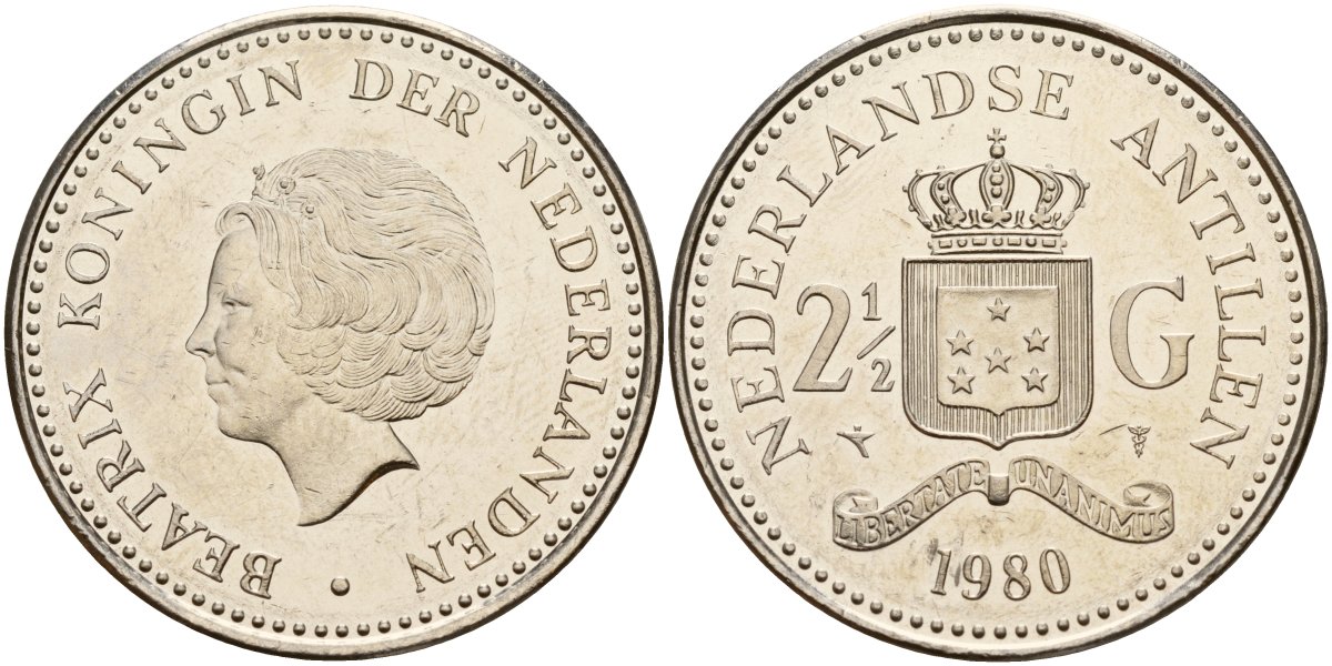 Нидерландские Антилы 2 1/2 гульдена 1980 Беатрикс (1980-2013) KM 19 никель UNC 4140-225