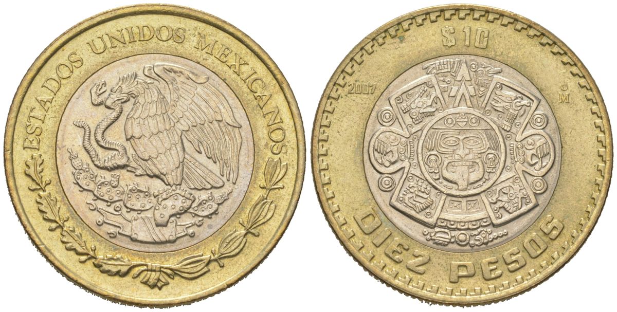 Мексика 10 песо 2007 Mo KM 616 биметалл aUNC 186-847