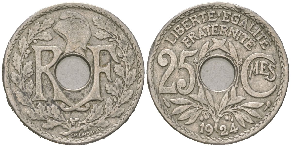Франция 25 сантимов 1924 KM 867a, Le Franc 171.7 медно-никель 4616-511