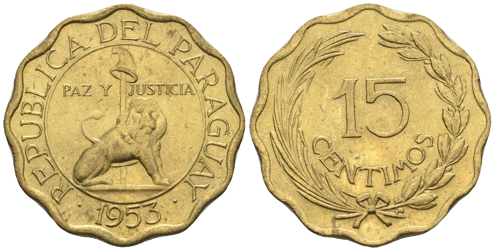 Парагвай 15 сентимо 1953 лев, фригийский колпак на шесте KM 26 алюминиевая бронза  aUNC  4177-555