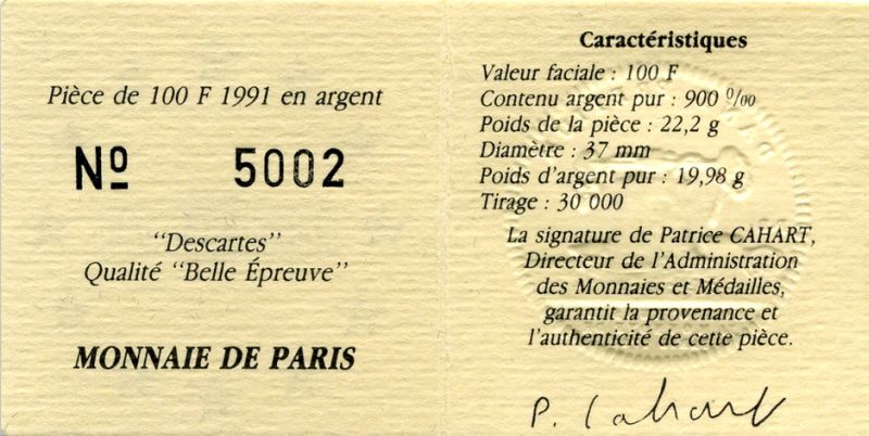 Франция 100 франков - 15 экю 1991 Декарт, в оригинальной коробке с сертификатом KM 1002 серебро PROOF 4-5-1-19