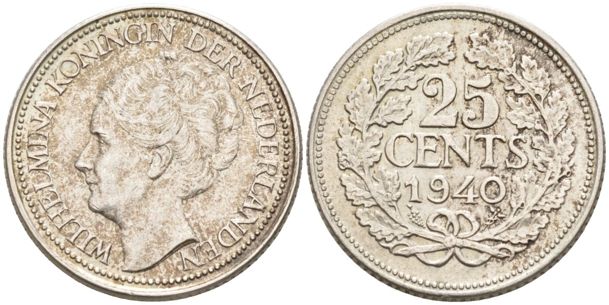 Нидерланды 25 центов 1940 Вильгельмина (1890-1948) KM 164 серебро 4576-752