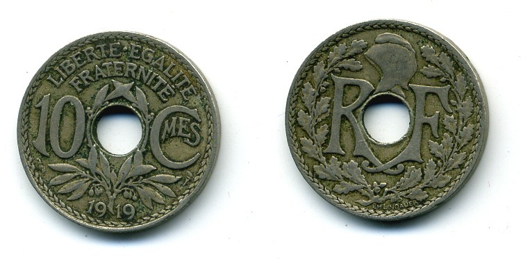 ФРАНЦИЯ 10 САНТИМОВ 1919 ТИП ЛИНДАЙЁ KM 866а медно-никель 84-332