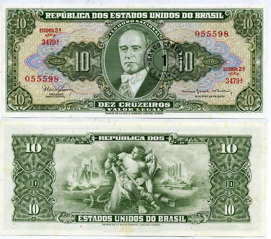 БРАЗИЛИЯ 1 СЕНТАВО 1967 НАДПЕЧАТКА НА 10 КРУЗЕЙРО, СЕРИЯ 3479, ESTAMPA 2A, ЖЕТУЛИУ ВАРГАС Pick 183b бумага UNC (ПРЕСС) 7204-9-1