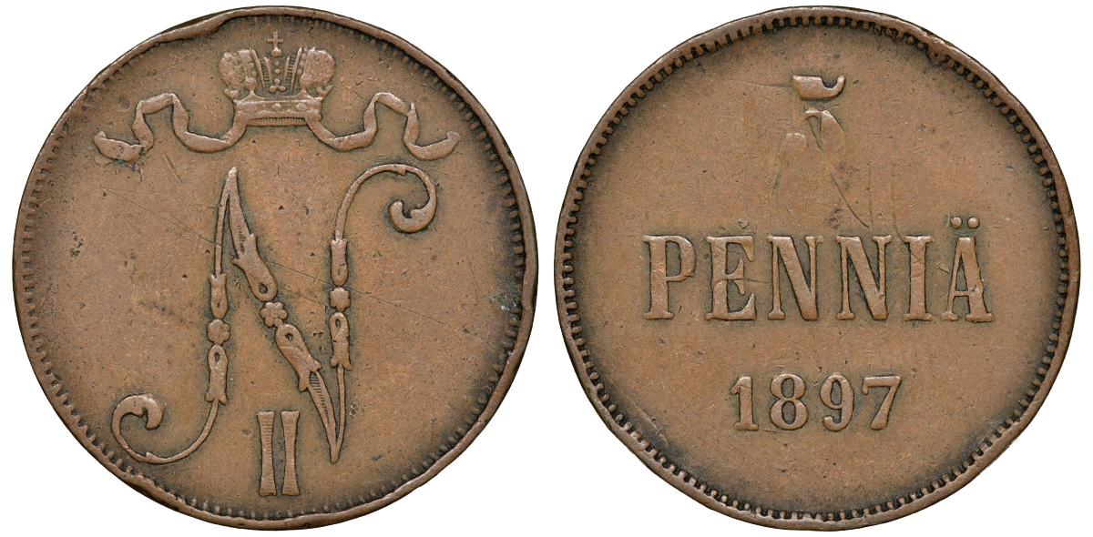 Россия для Финлянии 5 пенни 1897 Николай II (1894-1917) Биткин 442 медь 51-412