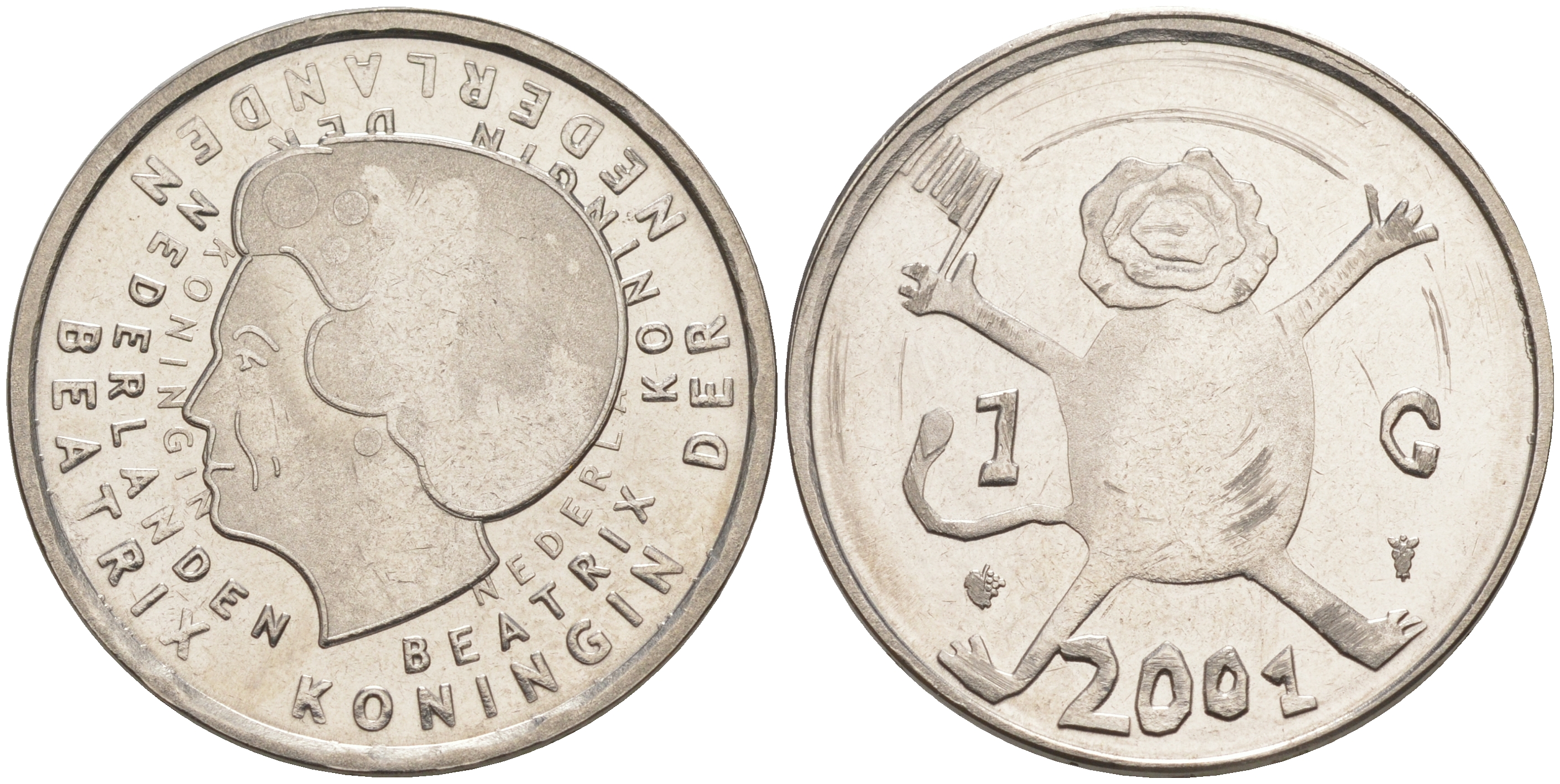 Нидерланды 1 гульден 2001 прощай гульден, детский рисунок, лев с флагом в руках KM 233 никель UNC 106-326