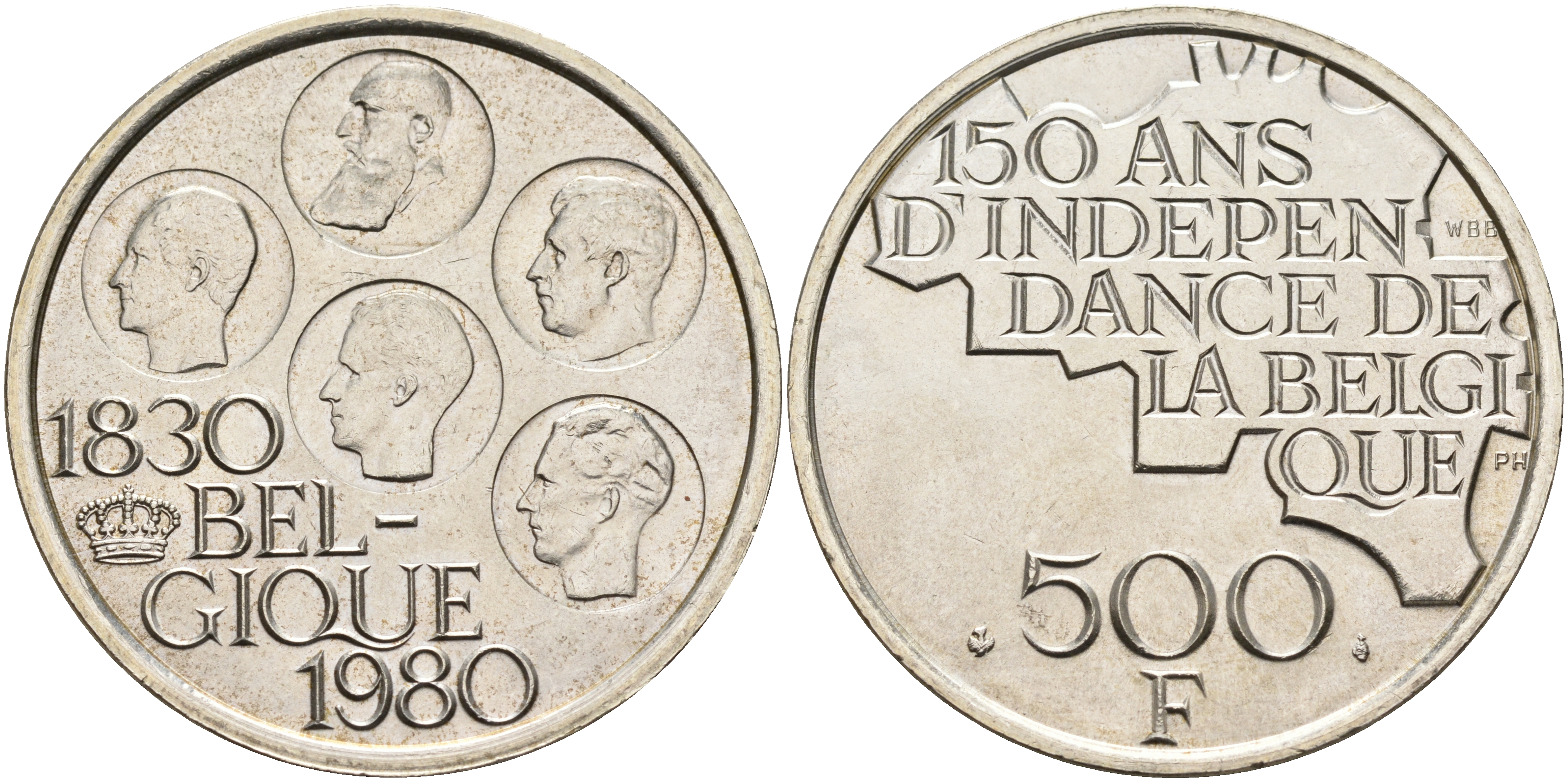 Бельгия 500 франков 1980 150 лет независимости, Belgique, Бодуэн I (1951-1993) KM 161 медно-никель покрытый серебром  UNC  4368-234