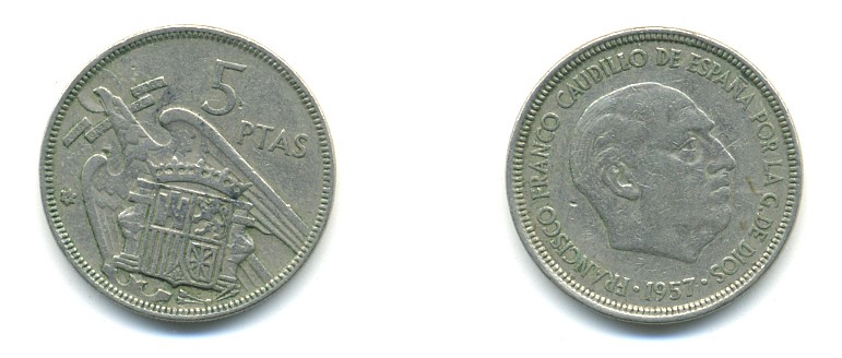 ИСПАНИЯ 5 ПЕСЕТ 1957 (66) ФРАНСИСКО ФРАНКО ДИКТАТОР ИСПАНИИ (1939-1975) KM 786 медно-никель 80-1125