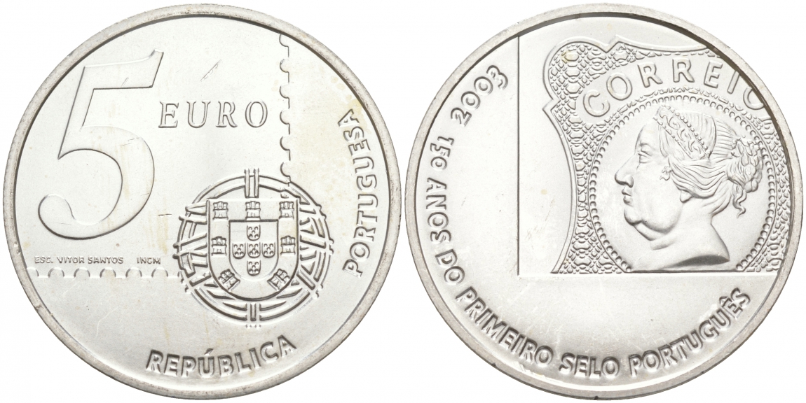 Португалия 5 евро 2003 150 летие первой Португальской марке KM 749 серебро UNC 69-321