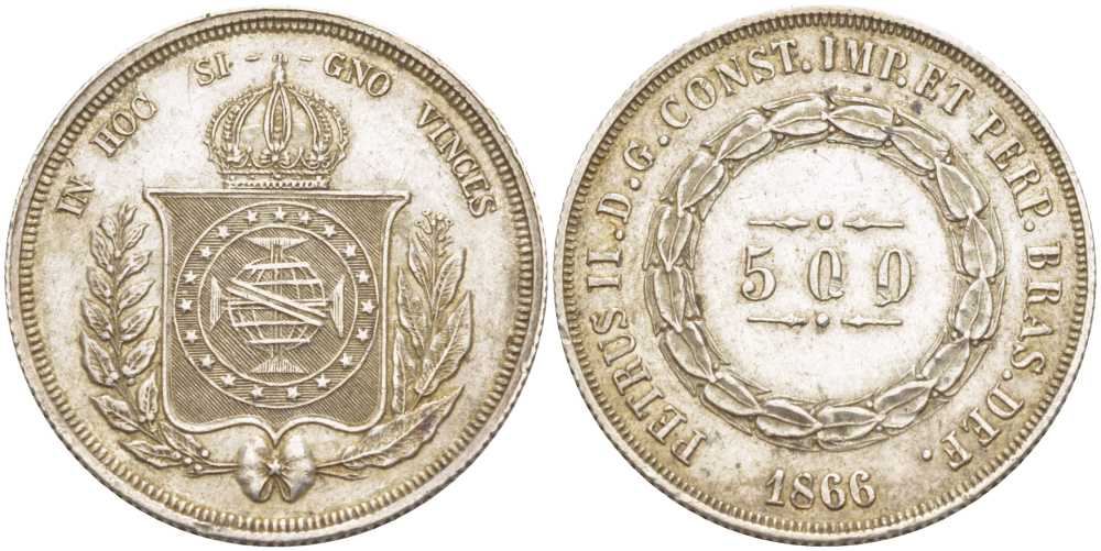 Бразилия 500 рейс 1866 Педро II (1831-1889) KM 464 серебро 272-1744