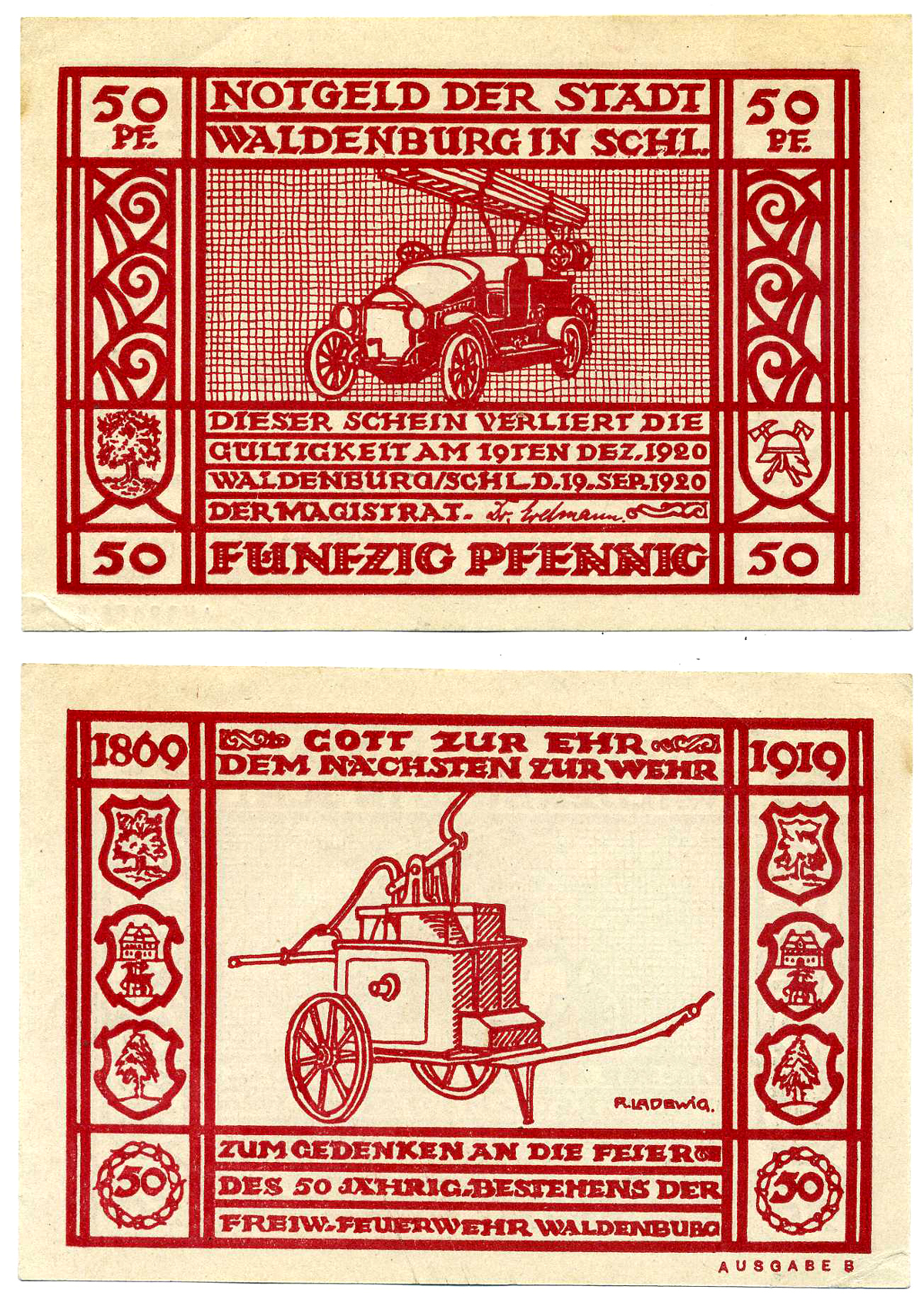 ВАЛЬДЕНБУРГ 50 ПФЕННИГОВ 1920 19 СЕНТЯБРЯ 1920 - 19 ДЕКАБРЯ 1920, НОТГЕЛЬД, ЗЕМЛЯ СИЛЕЗИЯ Grabowski 1371.3b бумага 2193-17-1-2