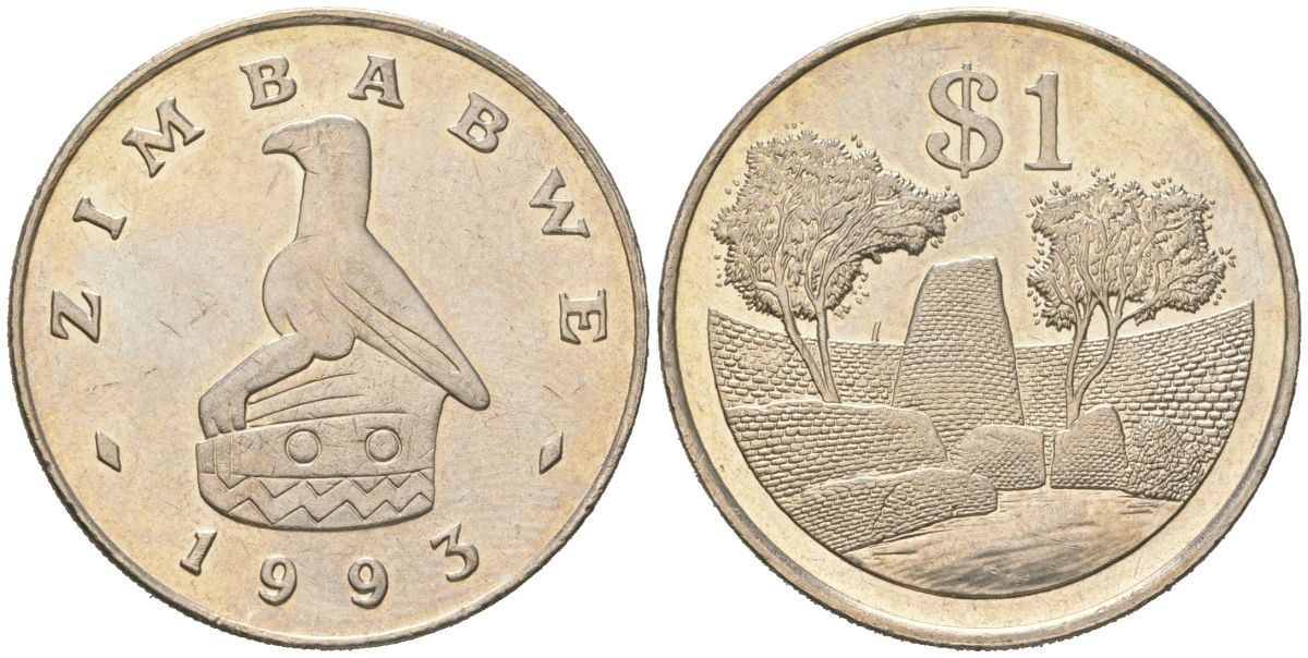 Зимбабве 1 доллар 1993 руины большого Зимбабве KM 6 медно-никель UNC 106-733