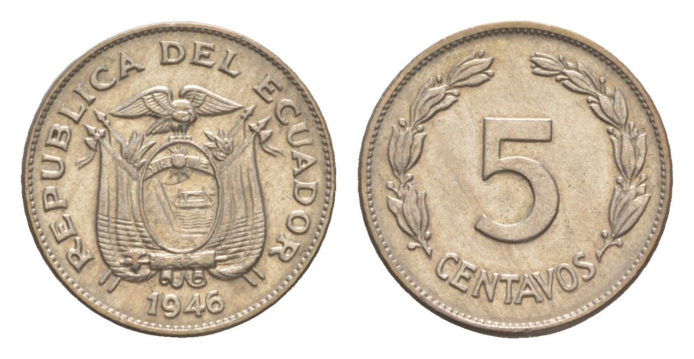Эквадор 5 сентаво 1946 KM 75b медно-никель aUNC 4640-1125