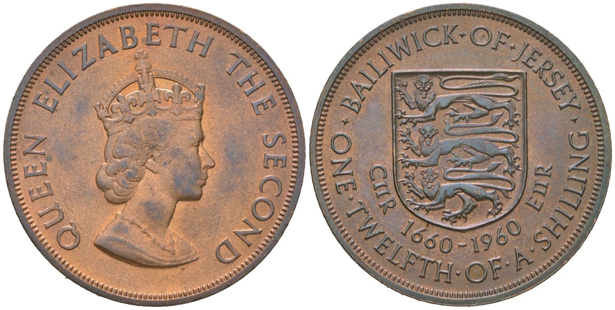 Джерси 1/12 шиллинга 1960 300 лет вступления на престол короля Карла II KM 23 бронза UNC 4619-647
