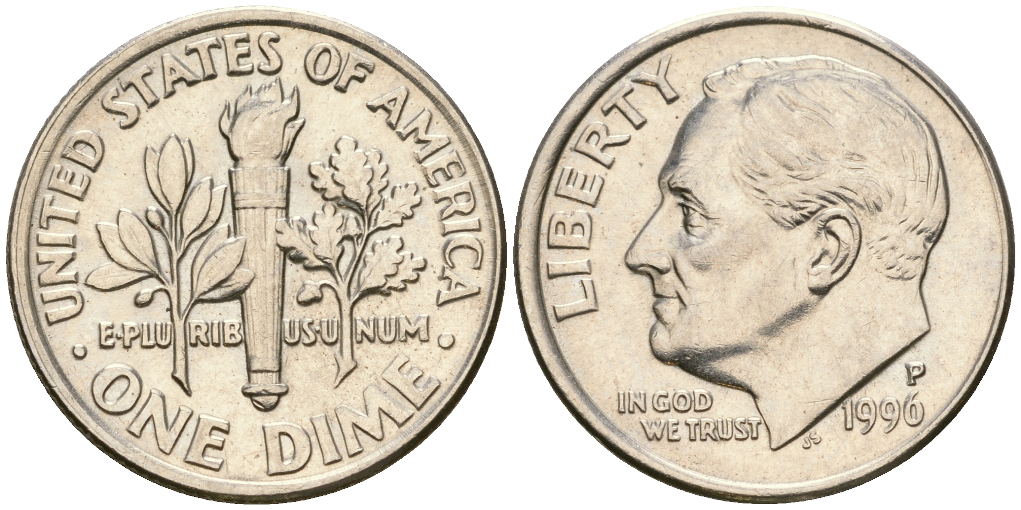 США 1 дайм - 10 центов 1996 P, Рузвельт KM 195а медь плакированная медно-никелем    4608-643