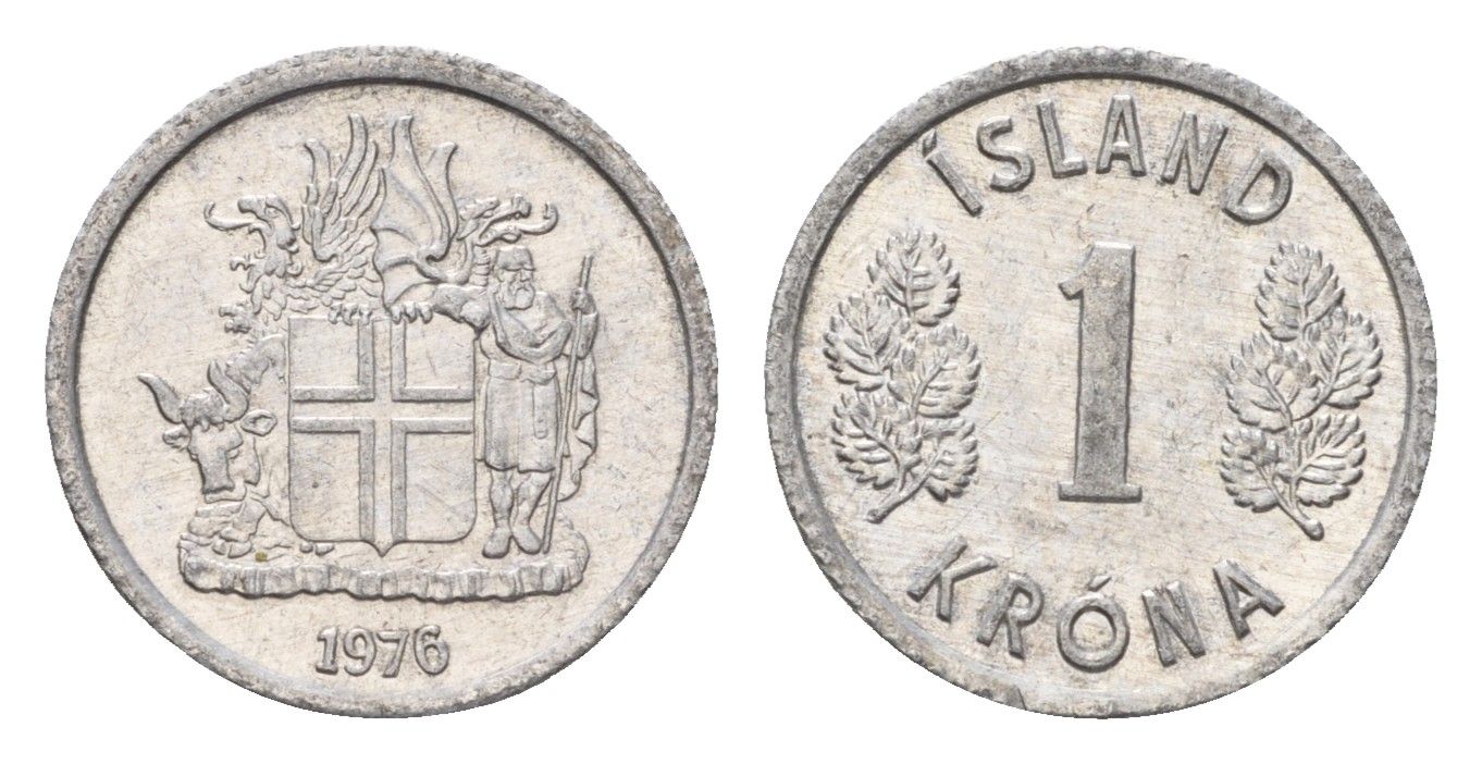 Исландия 1 крона 1976 KM 23 алюминий UNC 4687-759