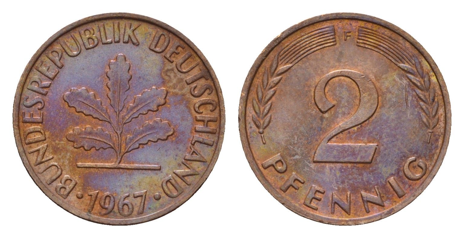 ФРГ 2 пфеннига 1967 F KM 106, J. 381 бронза 3458-713