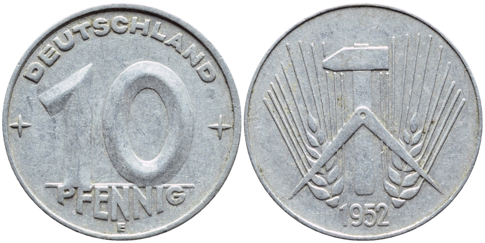 ГДР 10 пфеннигов 1952 E КМ 7 алюминий 261-334