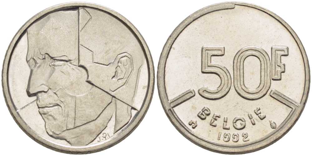 БЕЛЬГИЯ 50 ФРАНКОВ 1992 BELGIE, БОДУЭН I (1951-1993) KM 169 никель 4388-643