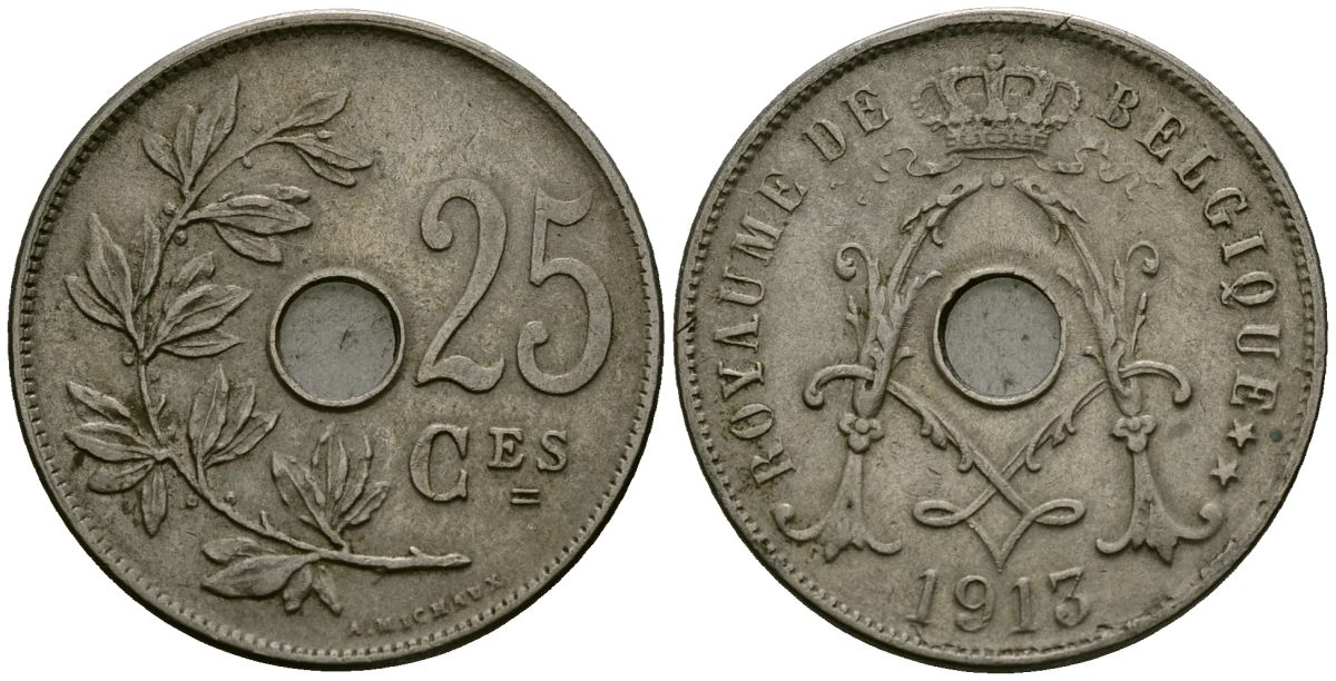 Бельгия 25 сантимов 1913 Belgique KM 68 медно-никель 4168-1216