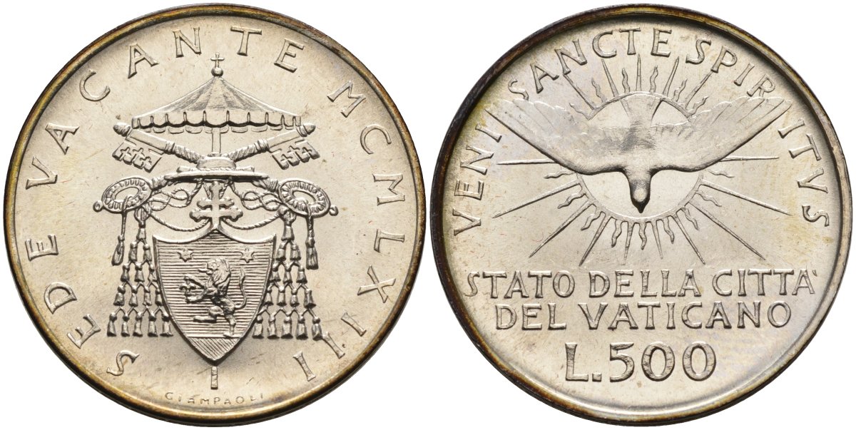 Ватикан 500 лир 1963 вакантный престол (Sede Wacante), оригинальном картонном буклете KM 75 серебро UNC 3-4-8-10