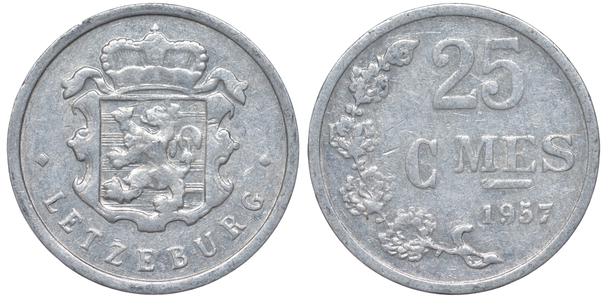 Люксембург 25 сантимов 1957 Шарлотта (1918-1964) KM 45a.1 алюминий 4532-962