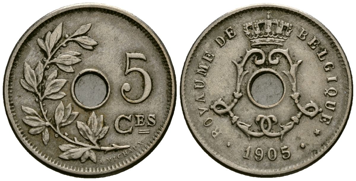 Бельгия 5 сантимов 1905 Belgique KM 54 медно-никель 4173-365
