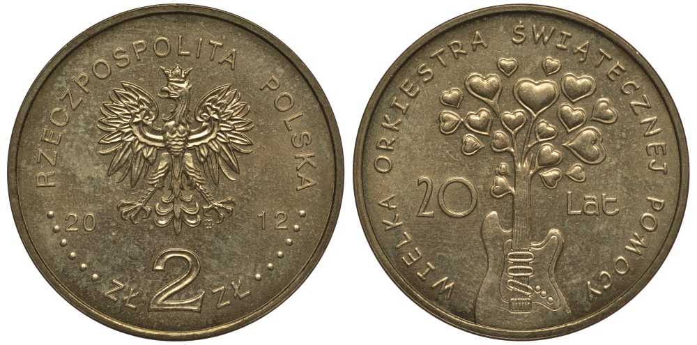 Польша 2 злотых 2012 MW, 20 лет благотворительному Рождественскому оркестру KM 809 нордик 111-613