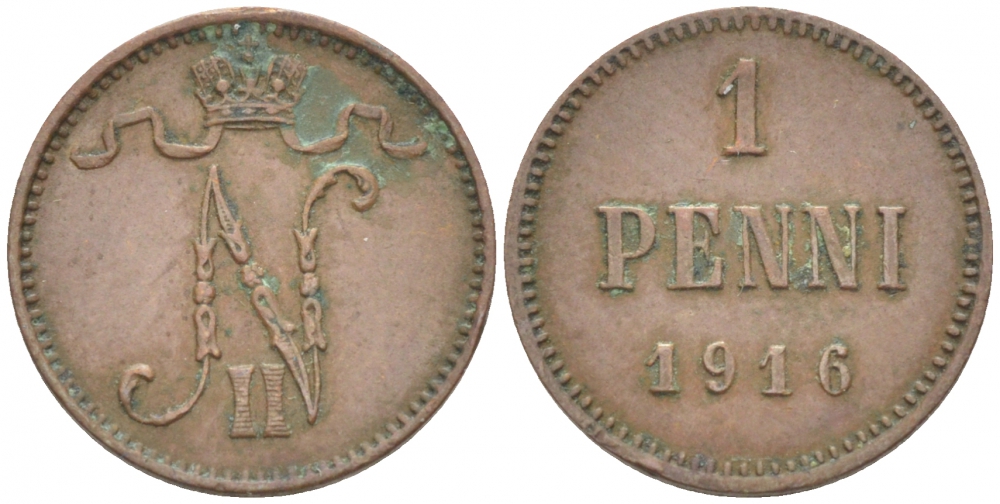 РОССИЯ ДЛЯ ФИНЛЯНДИИ 1 ПЕННИ 1916 НИКОЛАЙ II (1895-1917) KM 13, Биткин 476 медь 211-1033
