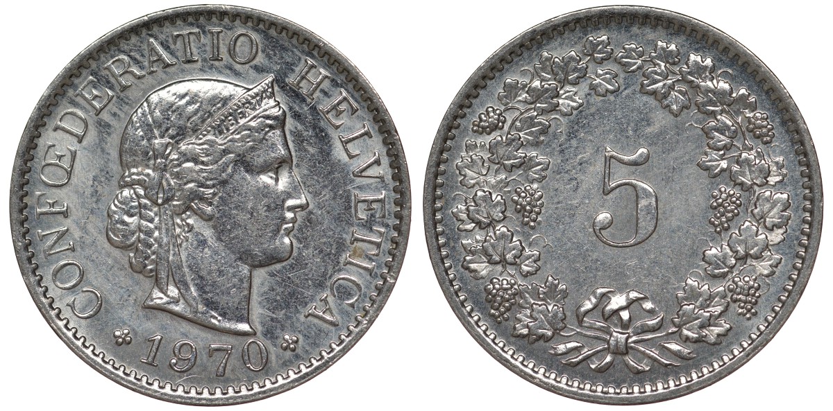 Швейцария 5 раппенов 1970 KM 26 медно-никель 4124-534