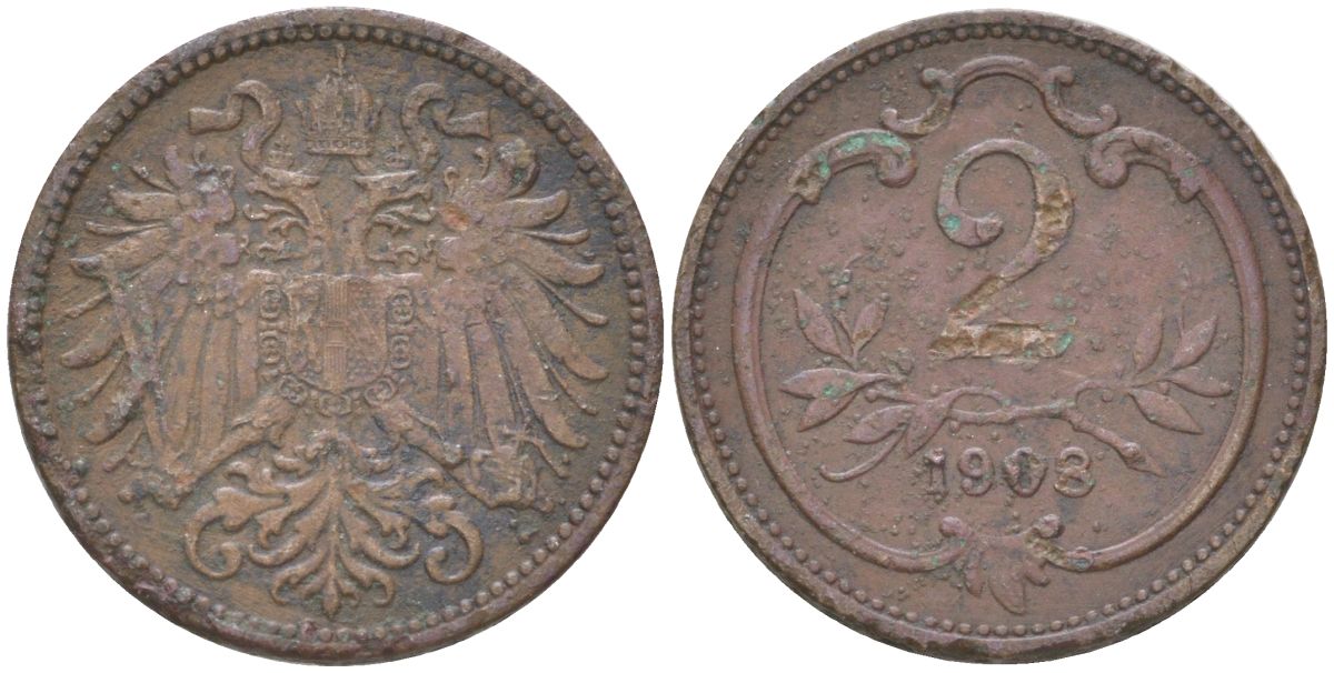 Австрия 2 геллера 1908 Франц Иосиф (1848-1916) KM 2801 бронза 4613-844