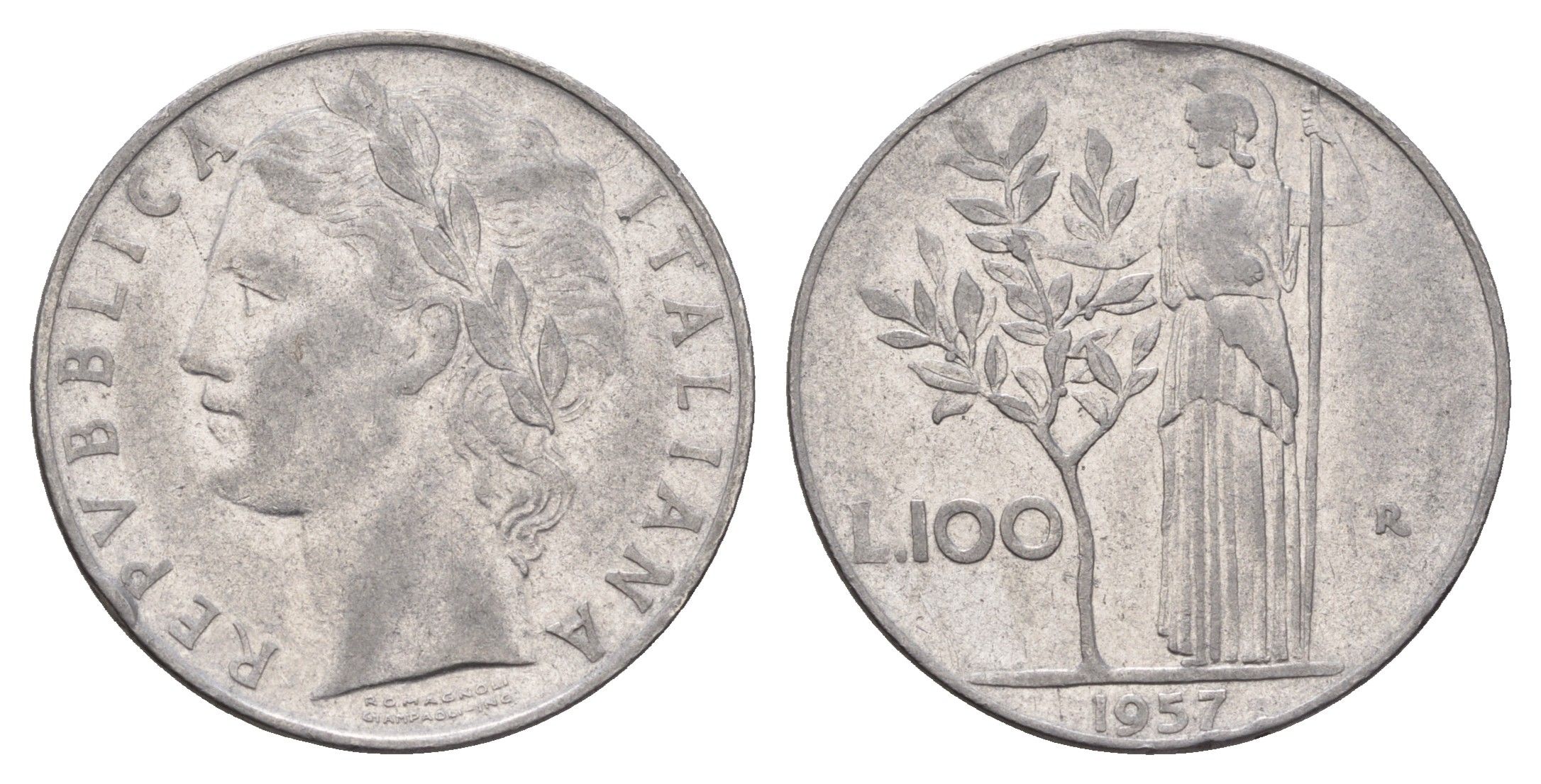 Италия 100 лир 1957 R, Афина в доспехах KM 96.1 нержавеющая сталь 4631-755