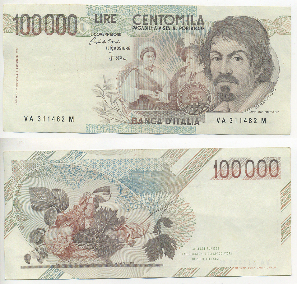 Италия 100000 лир 1983 Караваджо, фруктовый букет, подпись Speziali Pick 110b бумага 7220-34-1