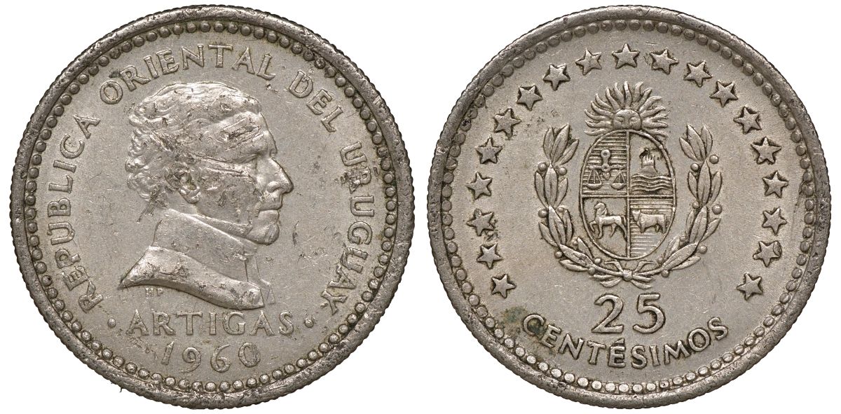 Уругвай 25 сентесимо 1960 KM 40 медно-никель 4169-1028