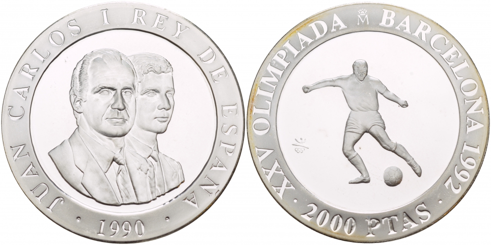 Испания 2000 песет 1990 XXV летние Олимпийские игры 1992 года в Барселоне, футбол KM 862 серебро PROOF 1088-4-11