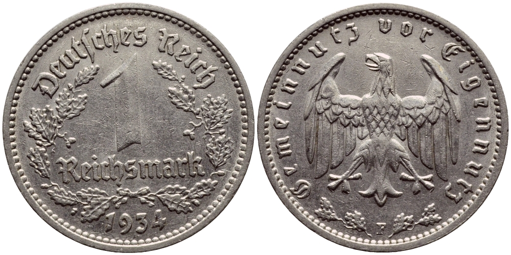 ГЕРМАНИЯ 1 РЕЙХСМАРКА 1934 F КМ 78 J.354 никель 56-1116