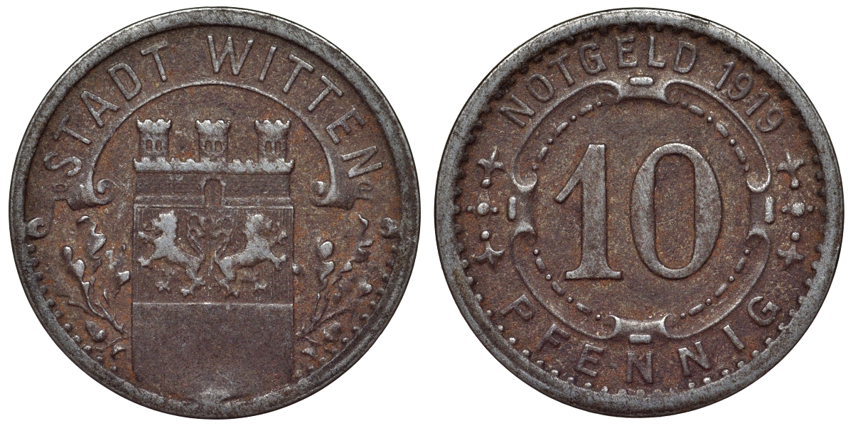 Германия, Виттен 10 пфеннигов 1919 Северный Рейн-Вестфалия, нотгельд Funck 604.2 железо 4119-452