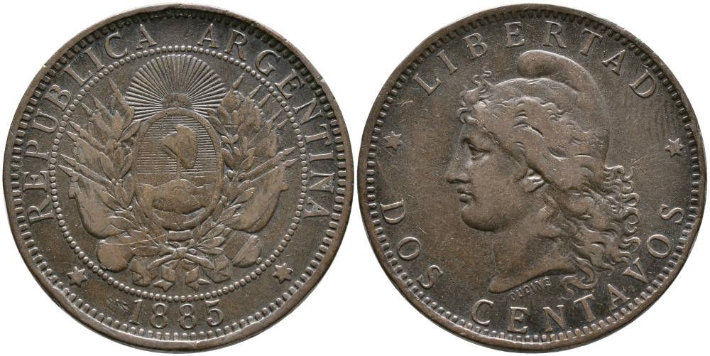 Аргентина 2 сентаво 1885 голова свободы влево KM 8 бронза 4531-526