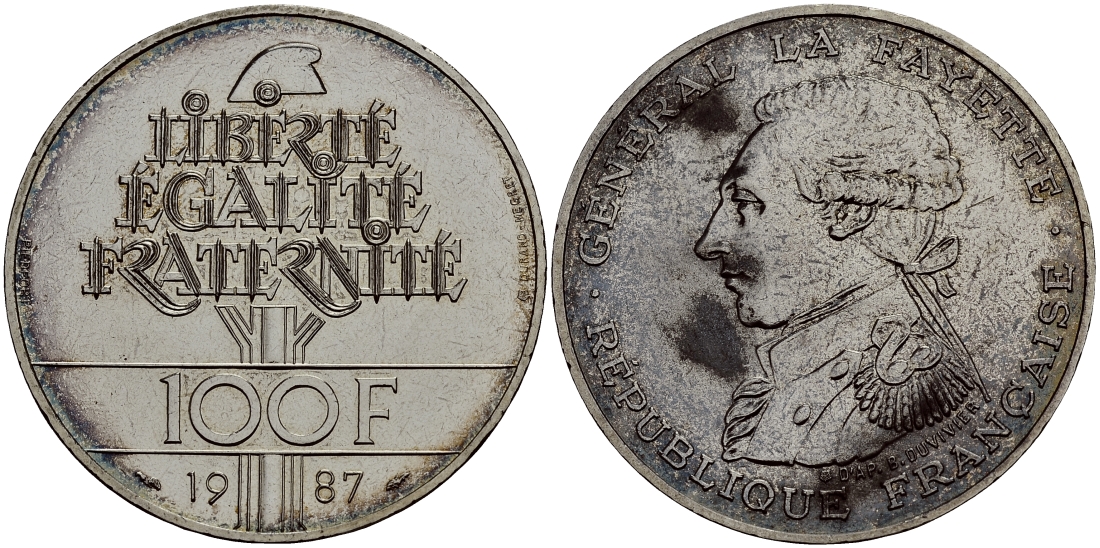 Франция 100 франков 1987 230 лет со дня рождения генерала Лафайета, пифорт, вес 30 гр. KM P991a серебро PROOF 633-1112