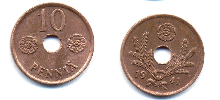 ФИНЛЯНДИЯ 10 ПЕННИ 1941 KM 33.1 медь 51-4928